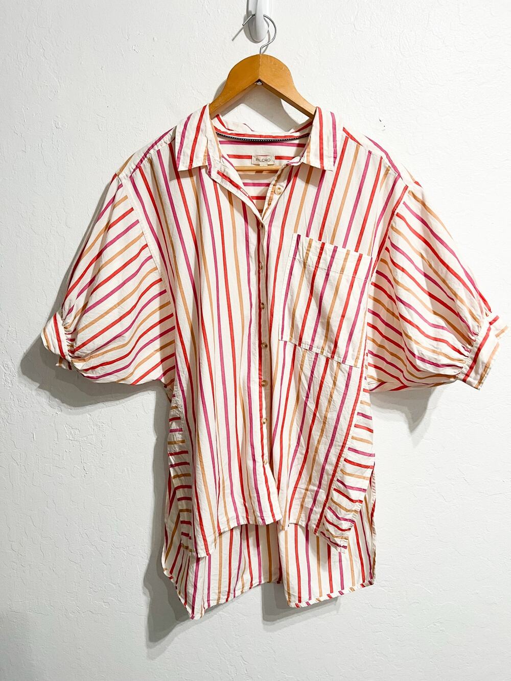 Pilcro Button Shirt Blouse Medium Painter Stripe Collar Puff Sleeves White Pink